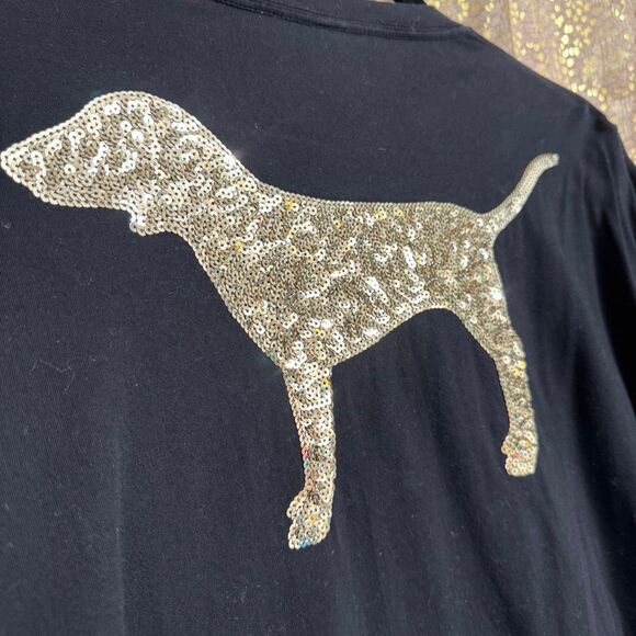 PINK Victorias Secret Black Silver Dog Sequin Bling Campus Top Large - Picture 5 of 6